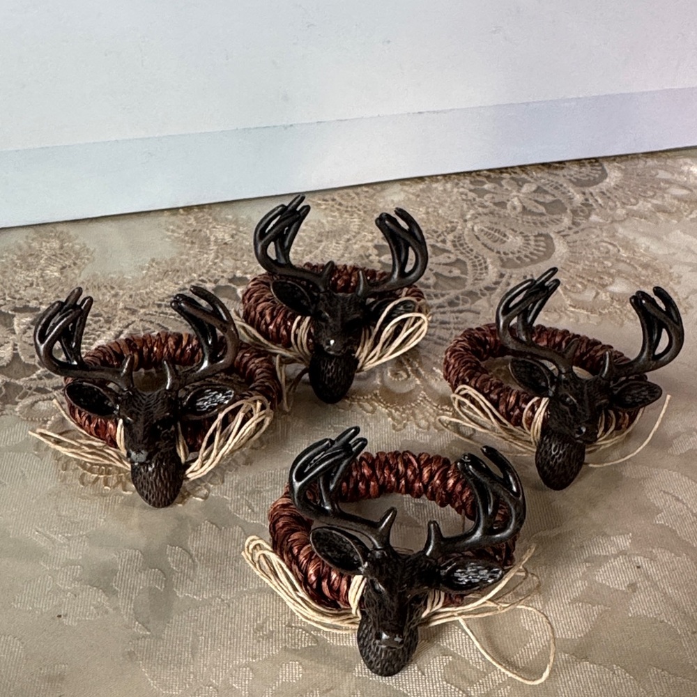 Mudpie Deer Napkin Ring Metal Jute Lodge Rustic 4 Piece set - Picture 7 of 8